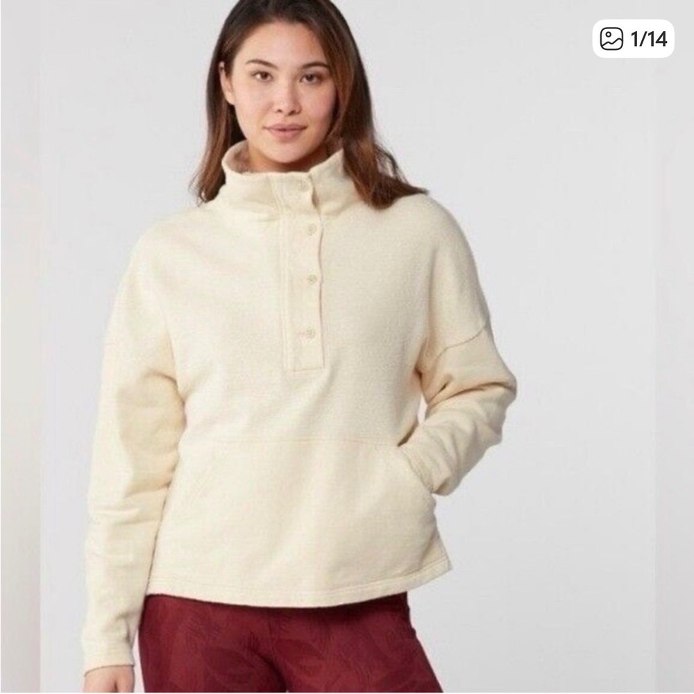 REI Co-Op Wallace Lake Fleece Pullover Mock Neck Snap Button Pocket Cream Small